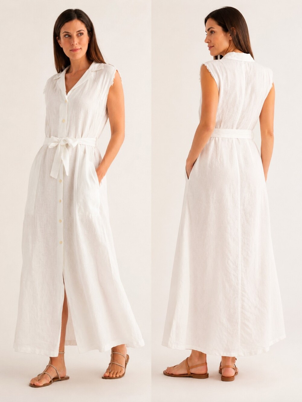 120% LINO Ivory Linen Sleeveless Tie Waisted Maxi Shirtdress